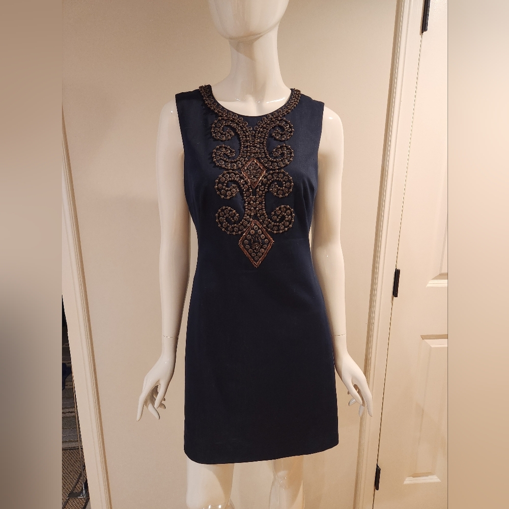Ellen Tracy Navy Denim Sleeveless Dress Bronze Embellishments